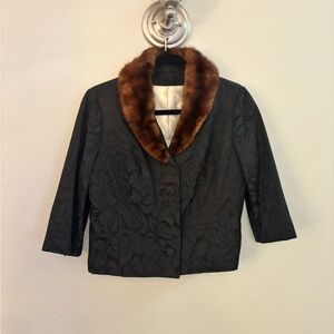 Vintage 60's Black Brocade Cropped Jacket with Mink Fur Collar